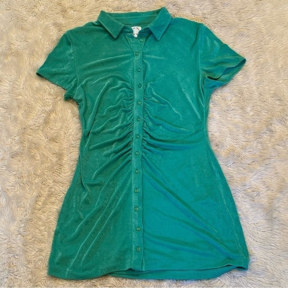 With Jean Alexa Mini Dress in Juicy Green Ruched Button Down - Size Large - Picture 5 of 9